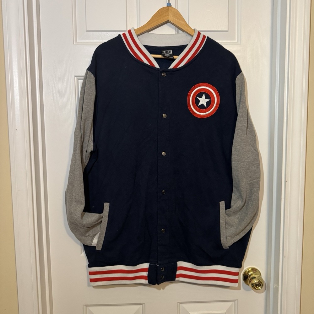 Marvel Captain America‎ Jacket Mens 2XL Blue Gray Varsity Snap Front Bomber